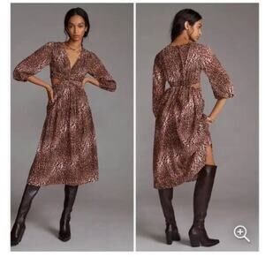 Anthropologie Ranna Gill Tan Black Gold Leopard Print Midi Dress Size Small